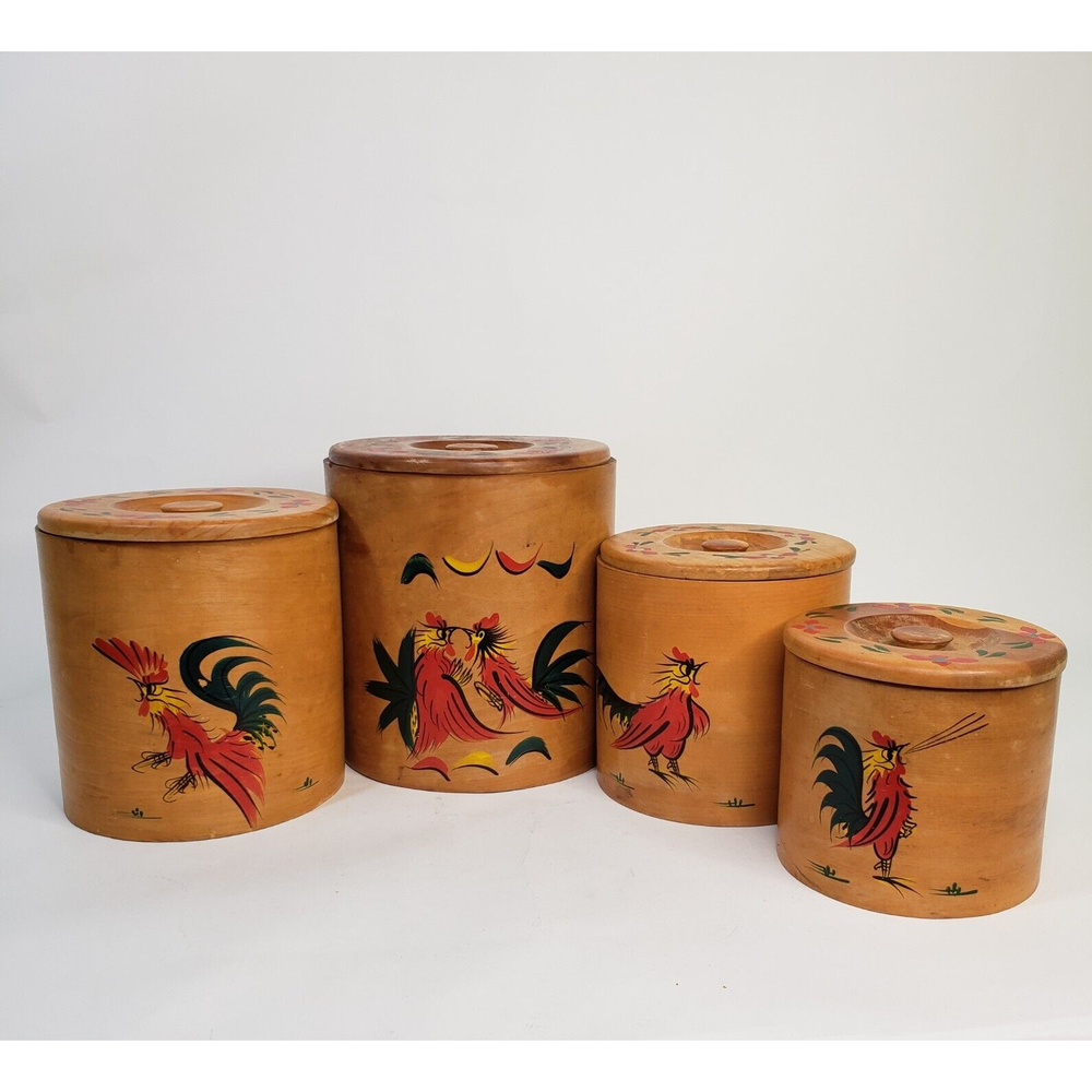 Vintage MCM Round Wooden Kitchen Canister Set Roosters Chickens Japan